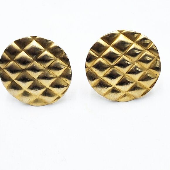 Vintage Quilted Satin Gold Runway Statement Earrings Clip 70s Tancer II Rare - Picture 1 of 5